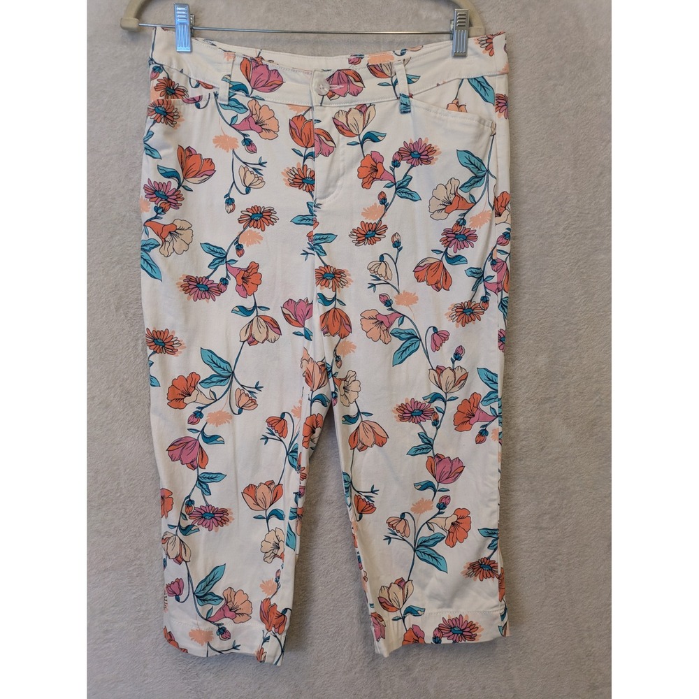 St. John's‎ Bay Capri Pants Women's 10 White Floral Mid Rise Cropped Trousers